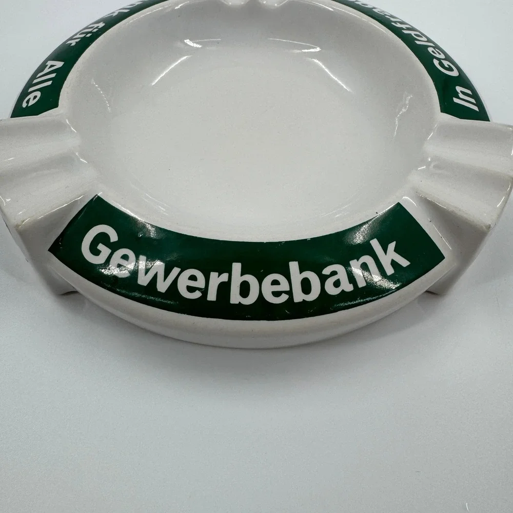 Vintage Gewerbebank Bank Fur Alle Ceramic Ashtray‎ White Green Collectible